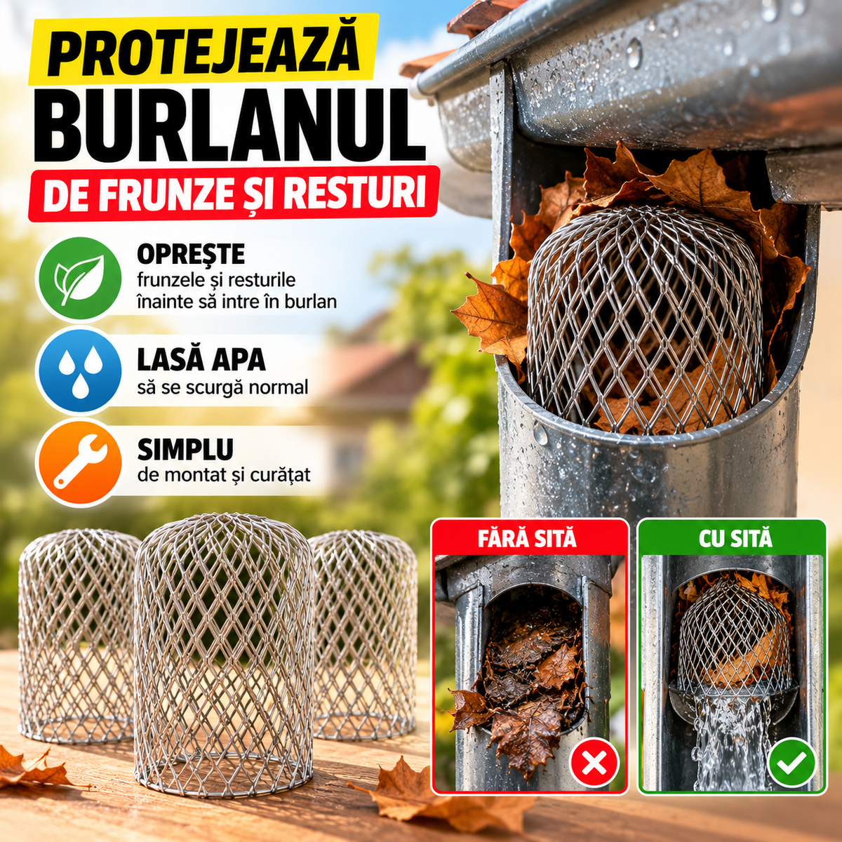 Filtru din Inox pentru Burlan – Protecție împotriva Frunzelor și Resturilor.