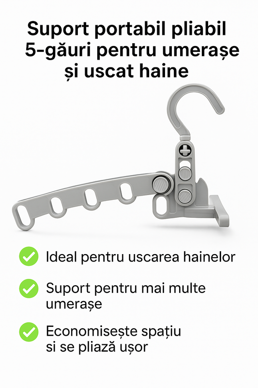 Suport Portabil Pliabil 5-găuri pentru Umerașe și Uscat Haine – Compact, Rezistent și Ideal pentru Spații Mici