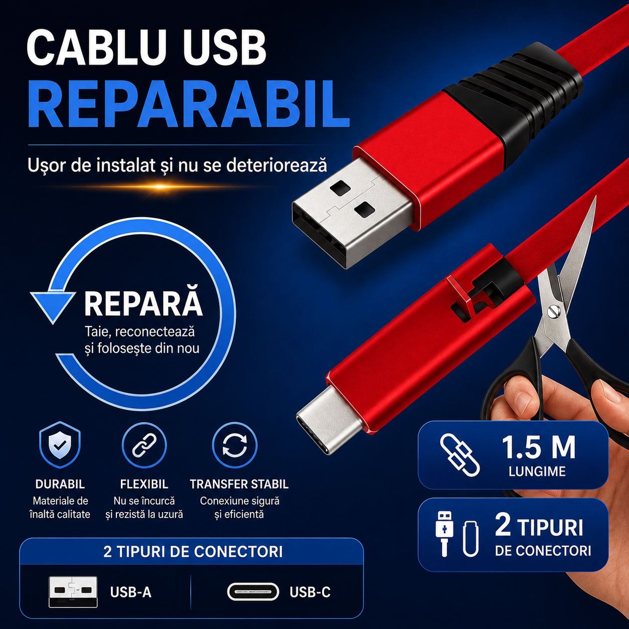 Cablu USB – USB-C reparabil cu încărcare rapidă .