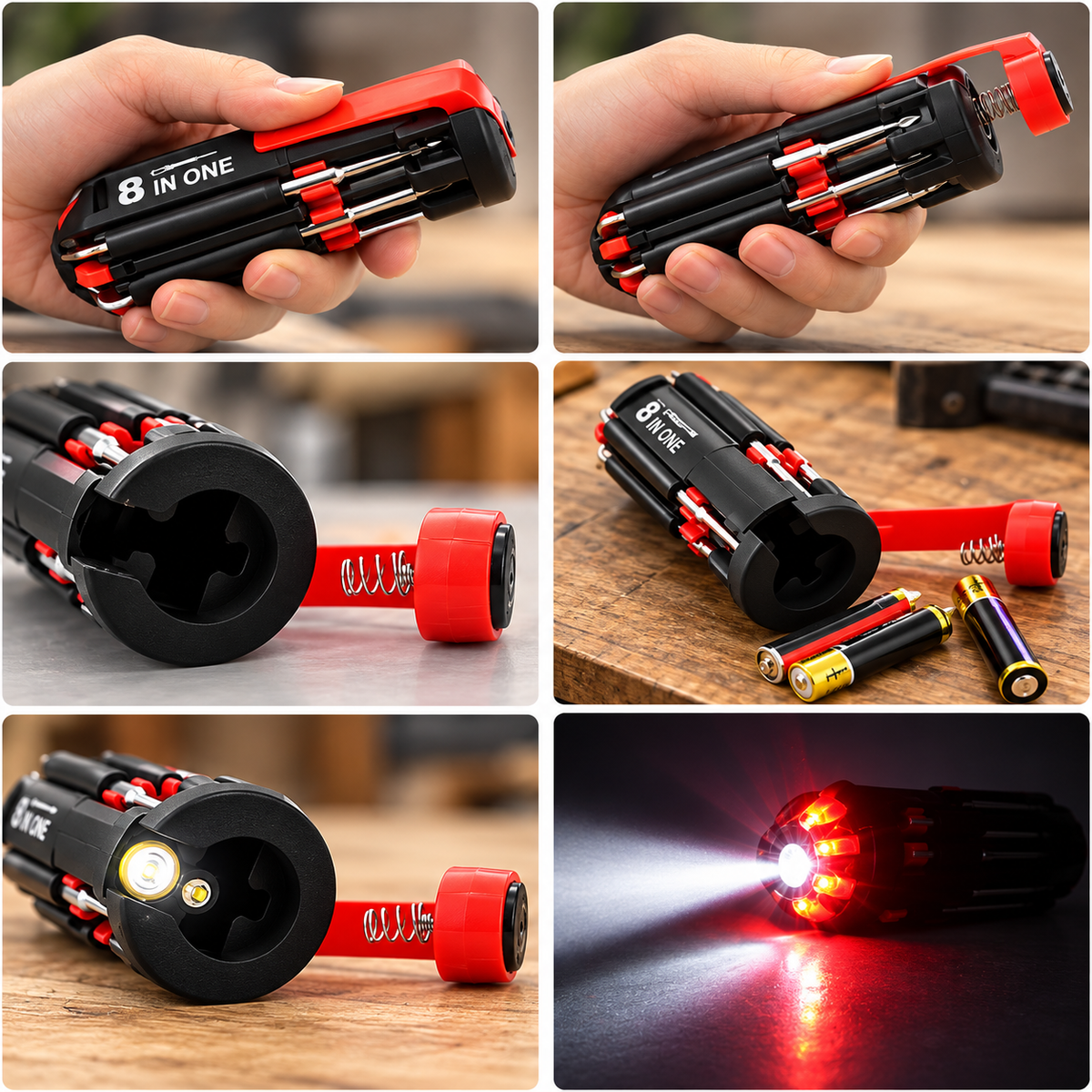 🔧 Șurubelniță Multifuncțională 8 în 1 cu Lumină LED